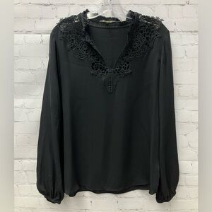 Kobi Halperin Black Silk & Lace Long Sleeve Evening Blouse Size Large